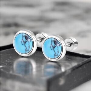 NEW 14K white gold plated blue turquoise stud earrings jewelry B28A